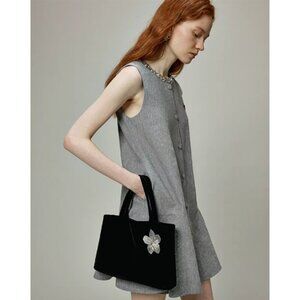 Miu Miu Korean-style grey mini skirt, elegant sequined round-neck loose A-line